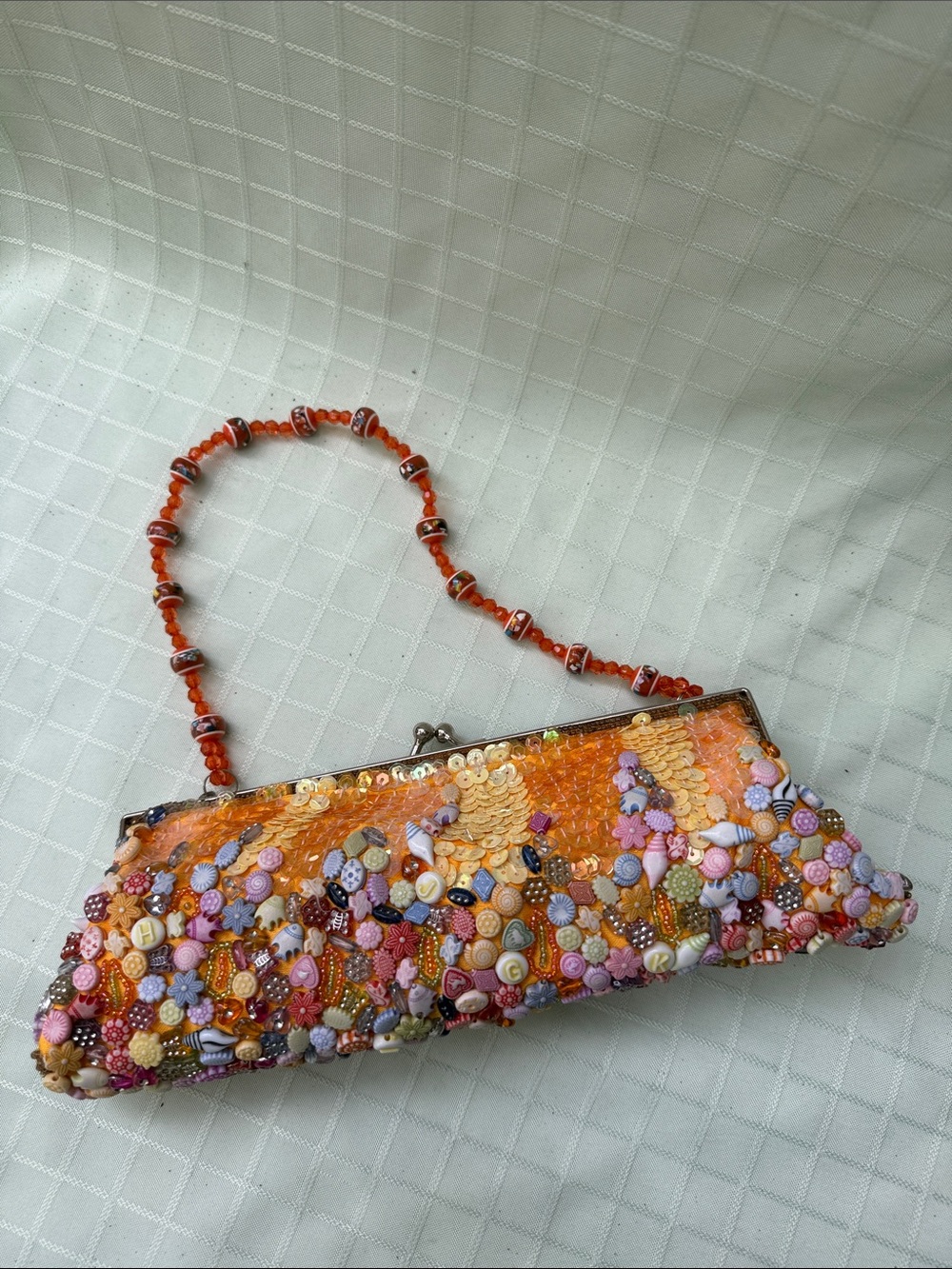 Vintage All Beaded Embellished Bright Orange Sequin Metal Framed Clutch/Handbag